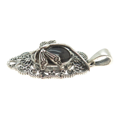 925 Sterling Silver Vintage Real Smoky Quartz Dragonfly Ornate Pendant