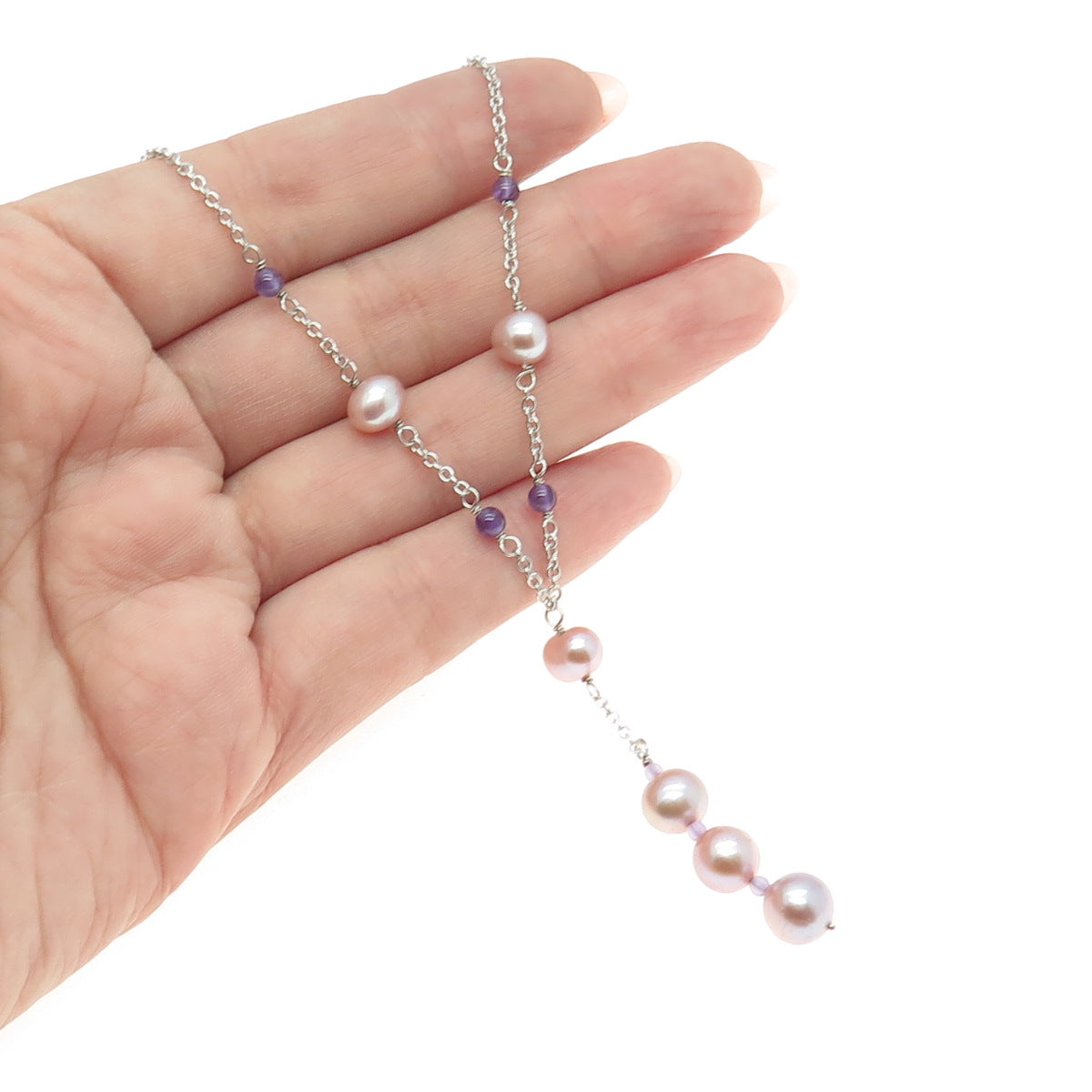 VAR 925 Sterling Silver Real Pearl & Amethyst Cable Chain Necklace 16-18"