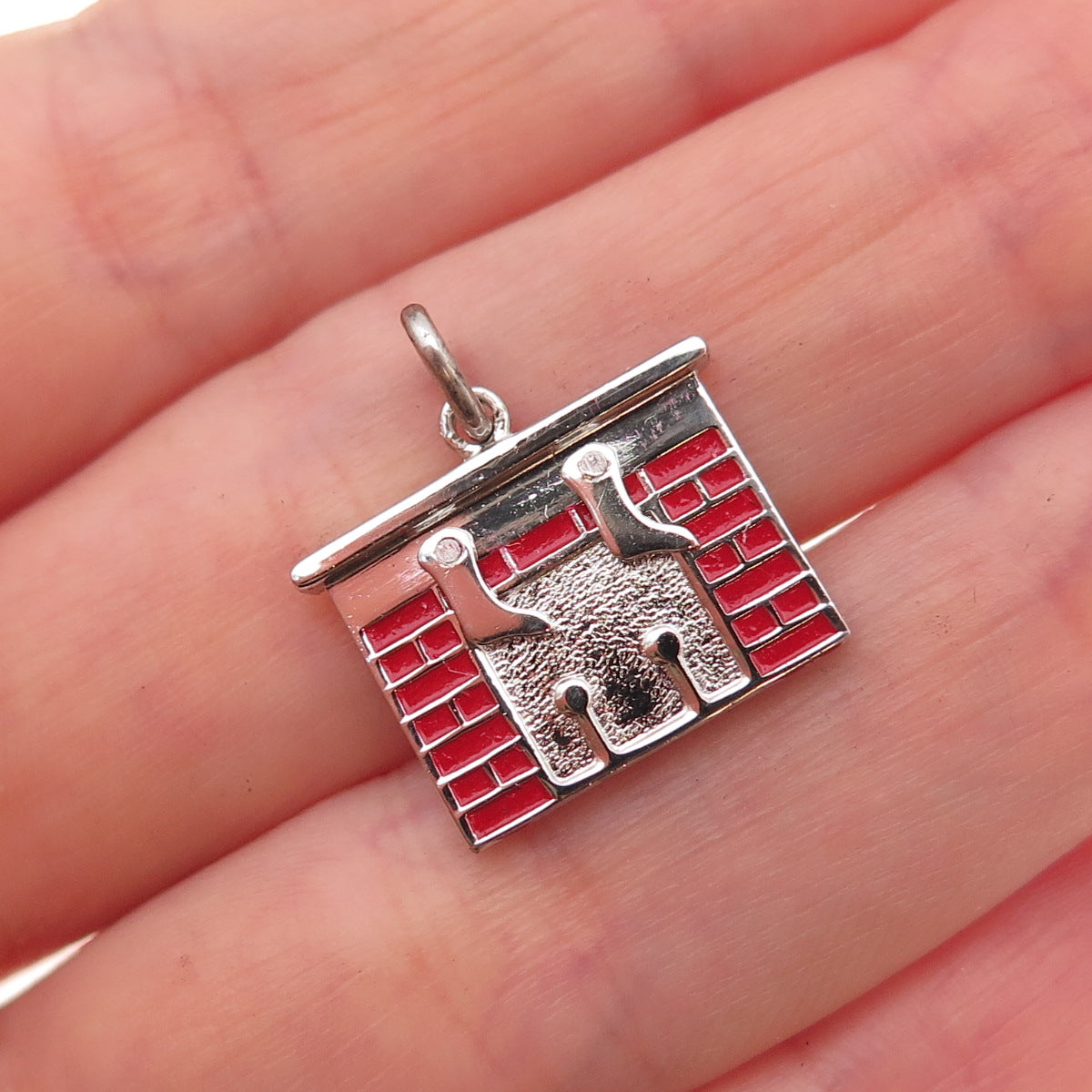 Wells 925 Sterling Silver Vintage Enamel Merry Christmas Fireplace Charm Pendant