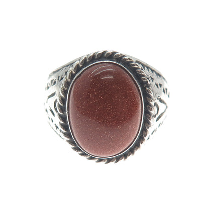 925 Sterling Silver Vintage Mexico Real Sunstone Oxidized Ring Size 12.5