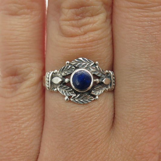 925 Sterling Silver Vintage Real Lapis Lazuli Floral Leaf Oxidized Ring Size 7.5