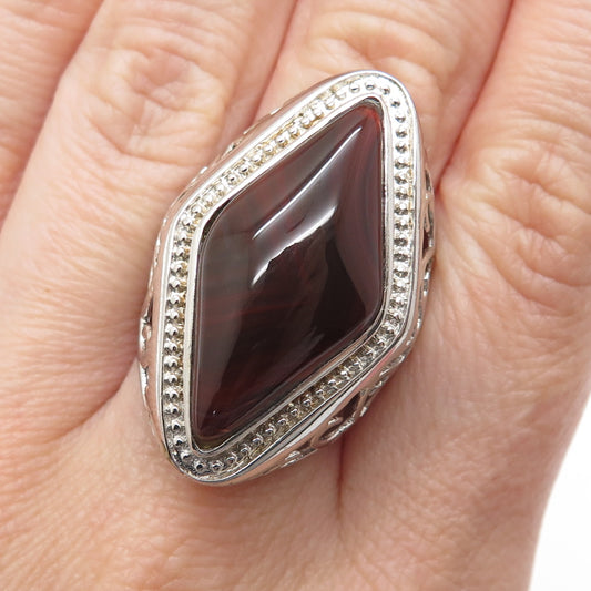 KEN CRAFTS 925 Sterling Silver Vintage Real Red Agate Ornate Ring Size 6.75