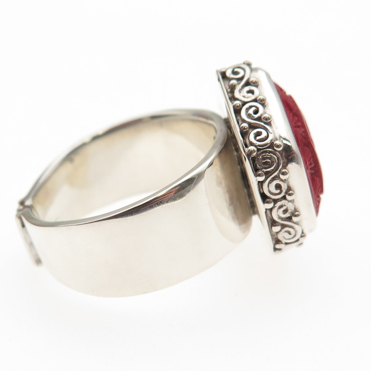SAJEN 925 Sterling Silver Vintage Carved Red Cinnabar Adjustable Ring Size 10