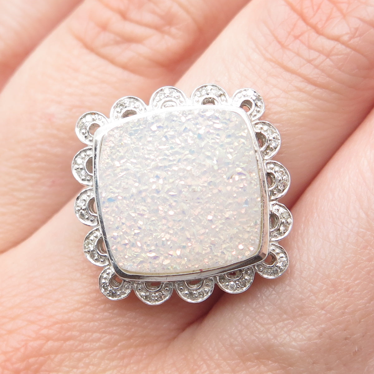 925 Sterling Silver Real Round-Cut Diamond & Druzy Ring Size 8