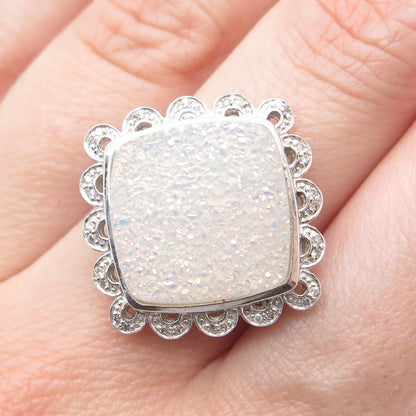 925 Sterling Silver Real Round-Cut Diamond & Druzy Ring Size 8