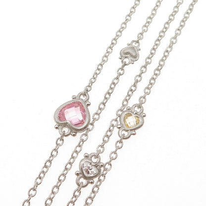 JUDITH RIPKA Sterling Silver Multi-Color C Z Heart Station Chain Necklace 36"