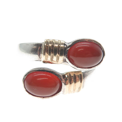 950 Silver & 14K Gold Vintage Real Carnelian Modernist Adjustable Ring Size 6.75