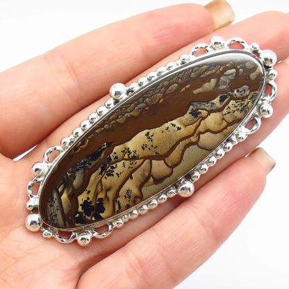925 Sterling Silver Vintage Terner Real Jasper Gemstone Pin Brooch