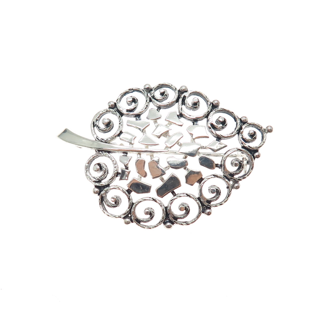 925 Sterling Silver Antique Germany Swirl Floral Leaf Oxidized Pin Brooch