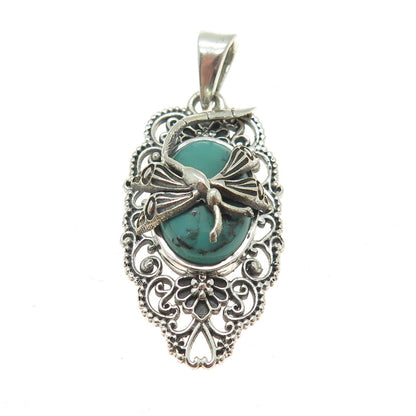 925 Sterling Silver Vintage Carico Lake Turquoise Dragonfly Oxidized Pendant