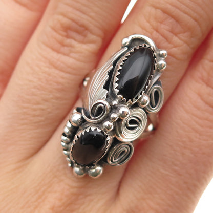 Old Pawn 925 Sterling Silver Vintage Southwestern Black Onyx Feather Ring Size 8