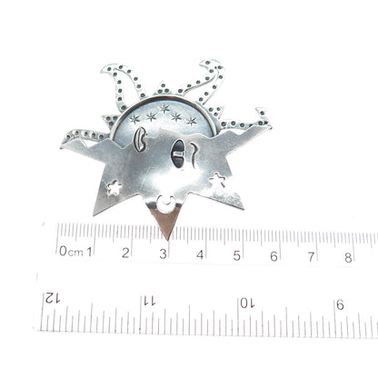 925 Sterling Silver Vintage Mexico Eclipse Sun & Moon Oxidized Pin Brooch