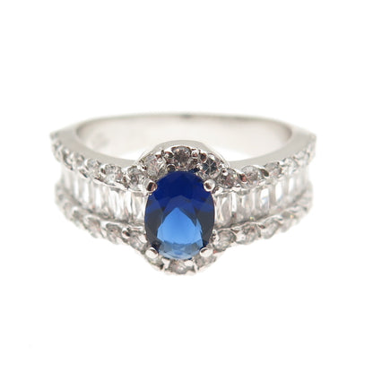 925 Sterling Silver Multi-Cut Blue & White C Z Ring Size 8