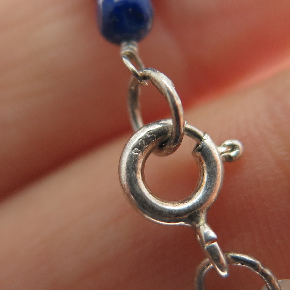 925 Sterling Silver Vintage Real Red Garnet & Lapis Beaded Chain Necklace 16"