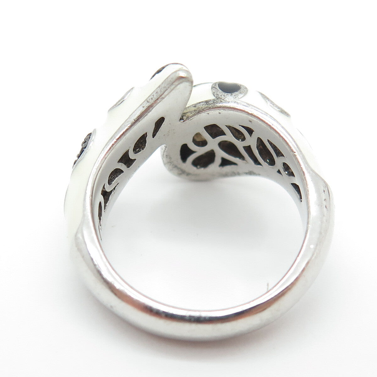 EMA 925 Sterling Silver Real Black Spinel Gemstone & White Enamel Ring Size 7.25