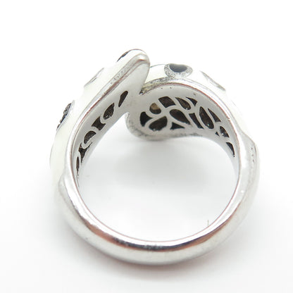 EMA 925 Sterling Silver Real Black Spinel Gemstone & White Enamel Ring Size 7.25