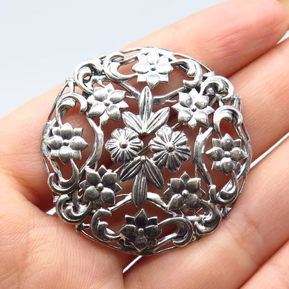 925 Sterling Silver Vintage Floral Ornate Pin Brooch