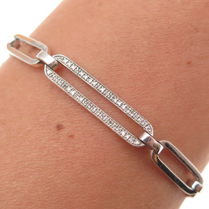 925 Sterling Silver Real Round-Cut Diamond Paperclip Link Bracelet 7.25"