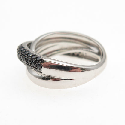 925 Sterling Silver Real Round-Cut Black Spinel Crisscross Ring Size 6.25
