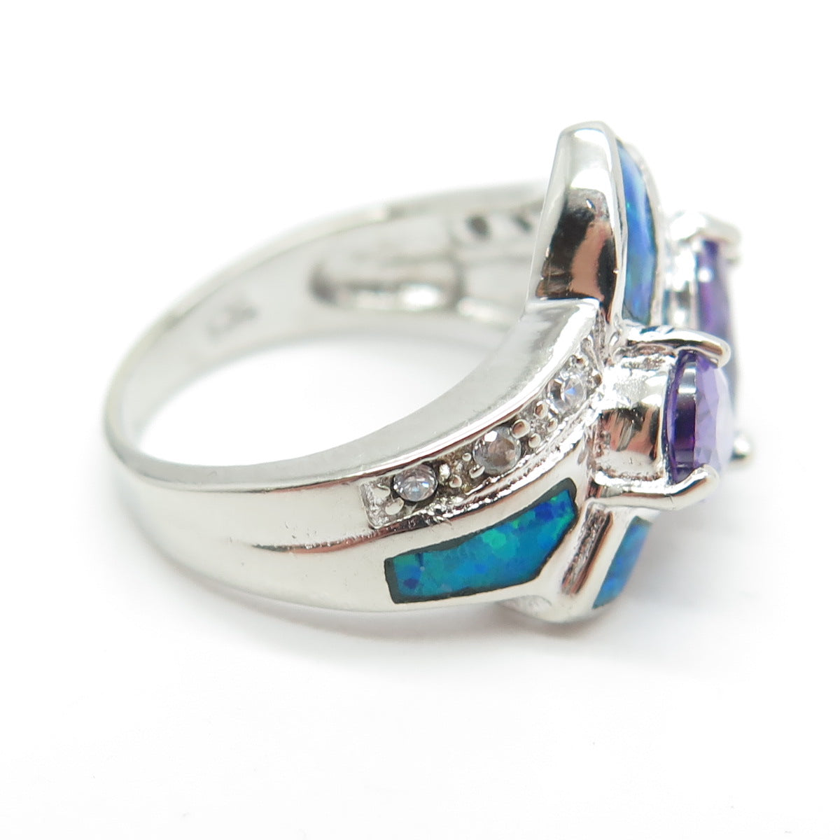 925 Sterling Silver Real Opal Amethyst & C Z Cocktail Ring Size 6