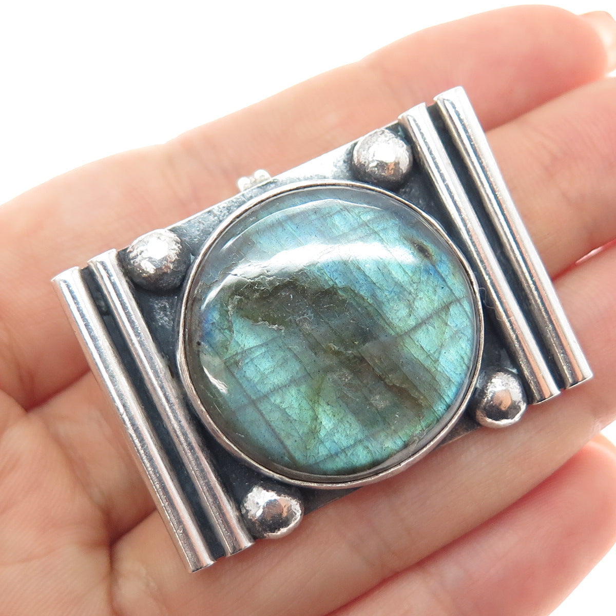 925 Sterling Vintage NLC Australia Real Labradorite Modernist Slide Pendant