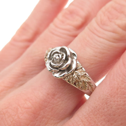 Franklin Mint 925 Sterling 2-Tone Vintage Real Diamond Accent Rose Ring Size 9.5