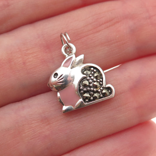 925 Sterling Silver Vintage Real Marcasite Rabbit Oxidized Charm Pendant