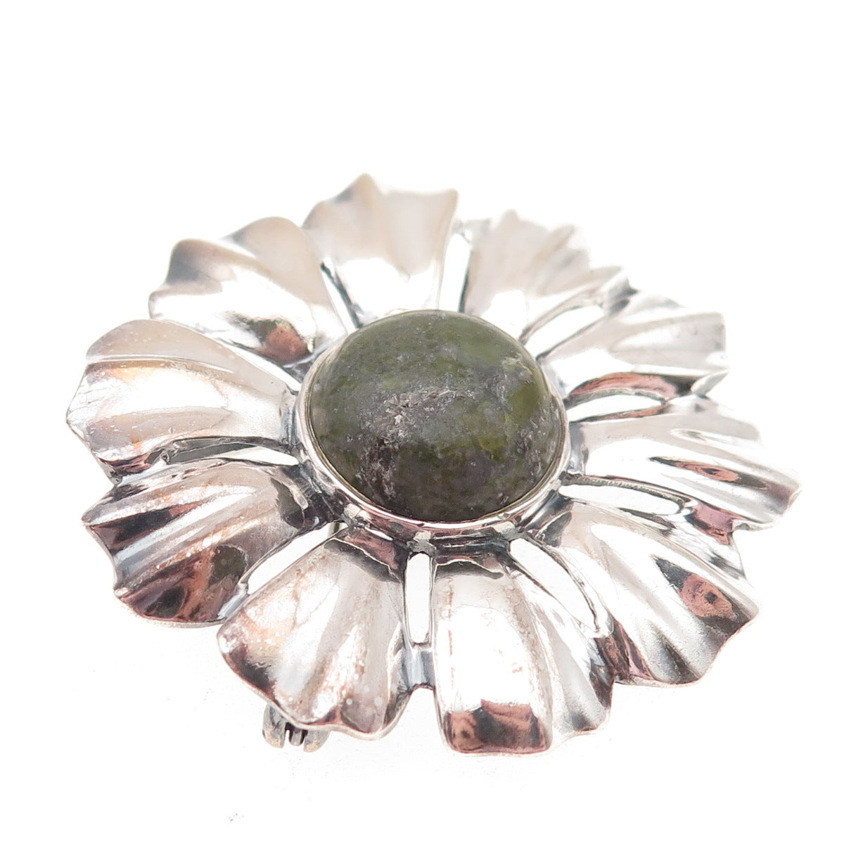 925 Sterling Silver Vintage Ireland Connemara Marble Flower Pin Brooch / Pendant