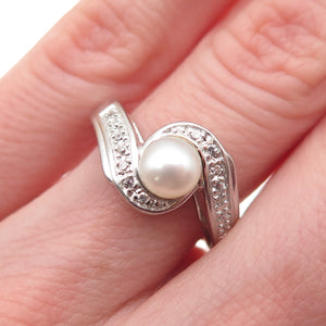 925 Sterling Silver Vintage Real Pearl & C Z Bypass Ring Size 5