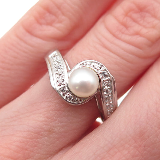 925 Sterling Silver Vintage Real Pearl & C Z Bypass Ring Size 5