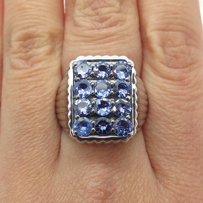DSMK 925 Sterling Silver Round-Cut Tanzanite Gem Ribbed Domed Ring Size 7.25