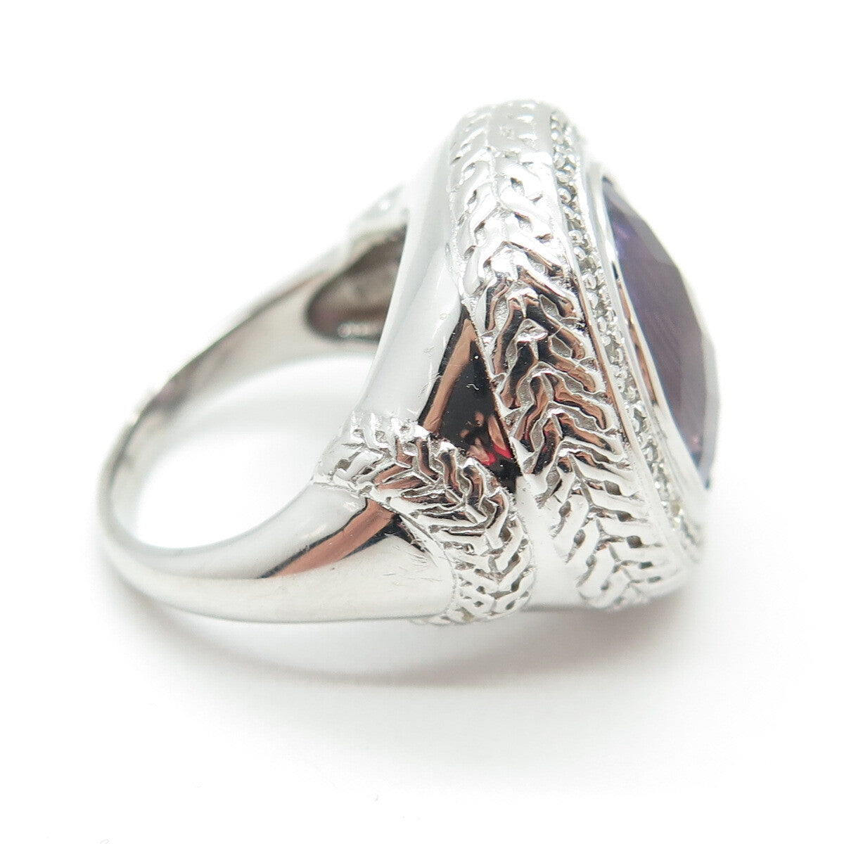 925 Sterling Silver Amethyst & White Topaz Gem Engraved Dome Ring Size 7.25