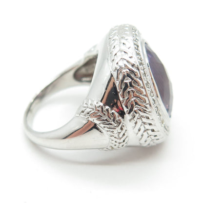 925 Sterling Silver Amethyst & White Topaz Gem Engraved Dome Ring Size 7.25