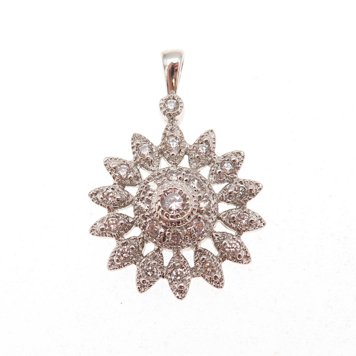 925 Sterling Silver Round-Cut C Z Floral Charm Pendant
