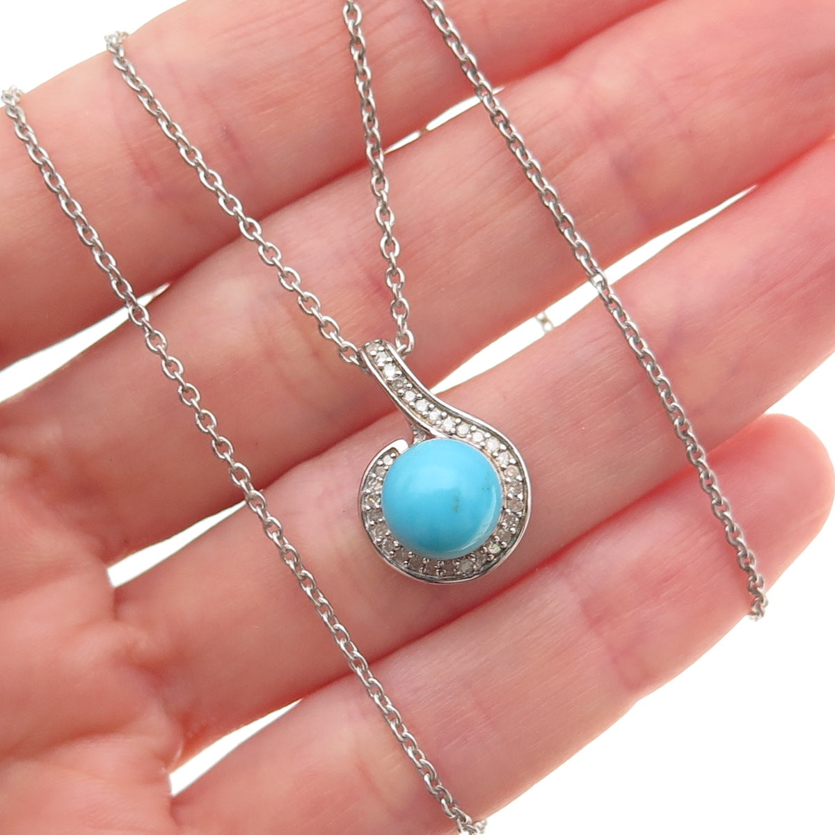 D'Joy 925 Sterling Silver Real Turquoise & White Topaz Cable Chain Necklace 20"