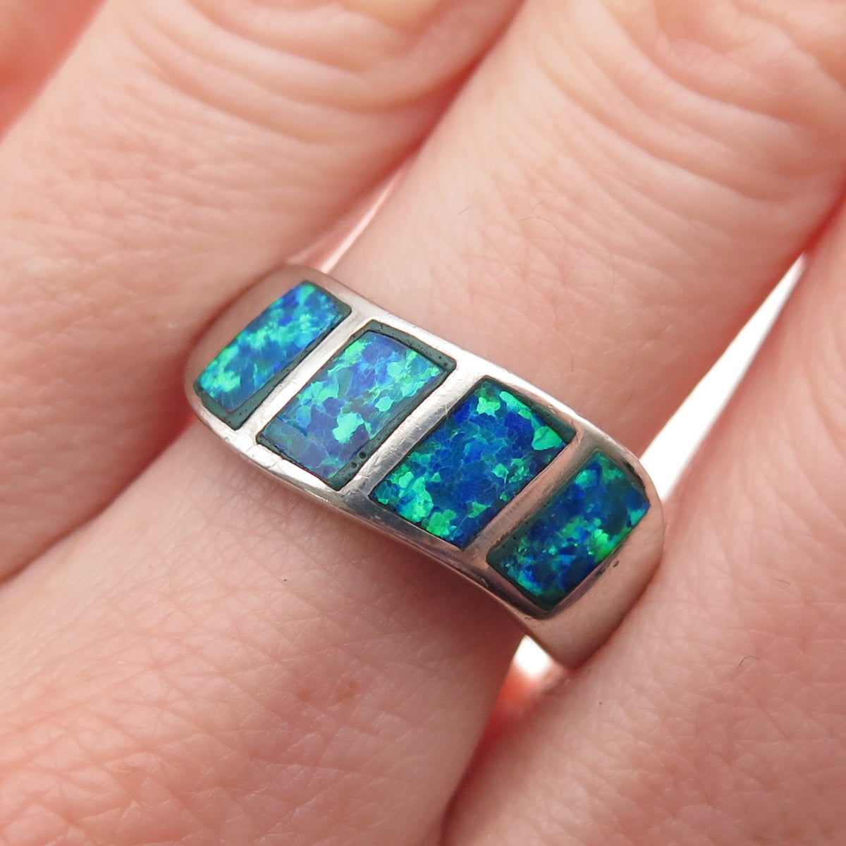 925 Sterling Silver Vintage Real Opal Modernist Wavy Ring Size 7.75