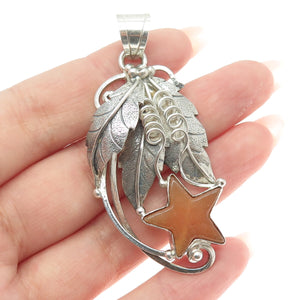 925 Sterling Silver Vintage Real Carnelian Agate Gemstone Star Leaf Pendant
