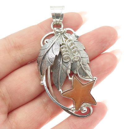 925 Sterling Silver Vintage Real Carnelian Agate Gemstone Star Leaf Pendant