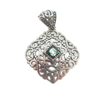 BERIA 925 Sterling Silver Princess-Cut Rhinestone Ornate Square Pendant