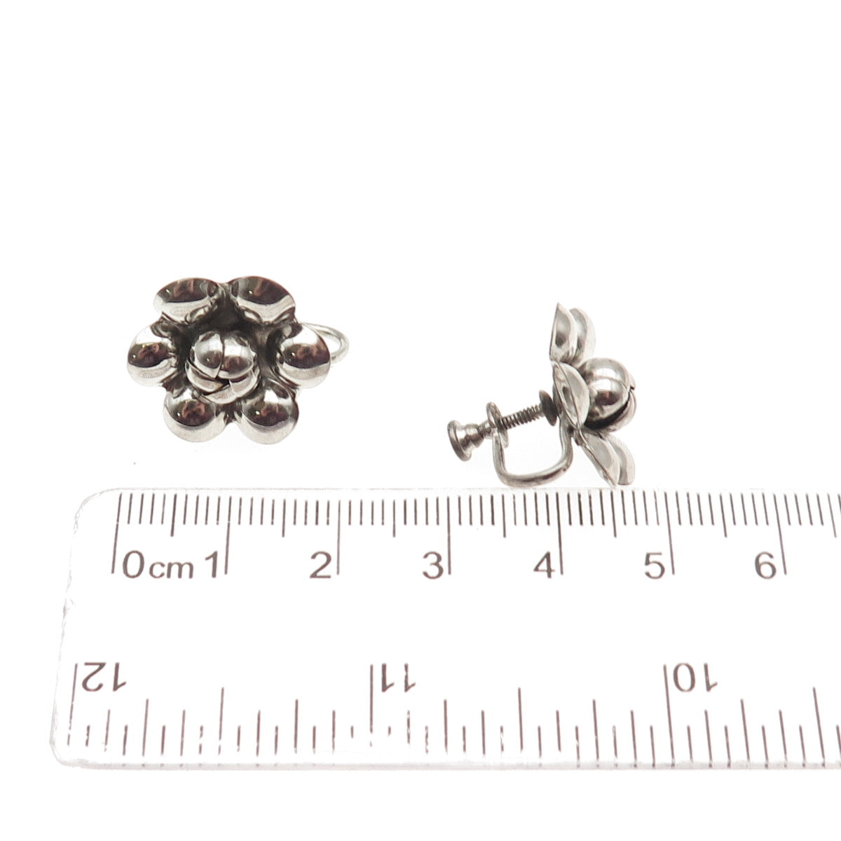 925 Sterling Silver Vintage Flower Oxidized Screw Back Earrings