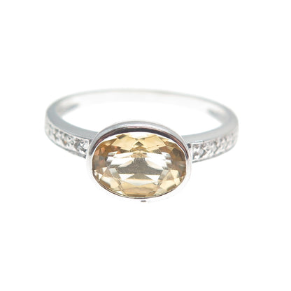 925 Sterling Silver Real Round-Cut Diamond & Oval-Cut Citrine Ring Size 7.25