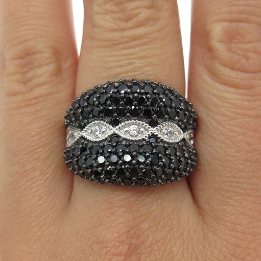 925 Sterling Silver Real Round-Cut White Topaz Black Spinel Marquise Ring Size 8