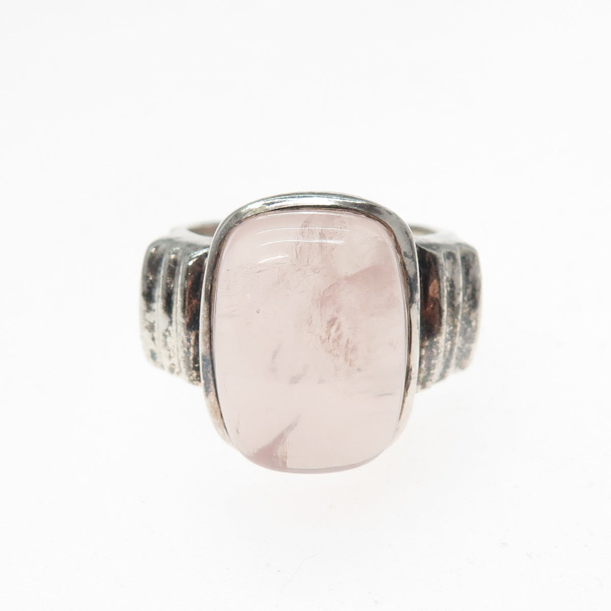 925 Sterling Silver Vintage Real Rose Quartz Modernist Oxidized Ring Size 9.5