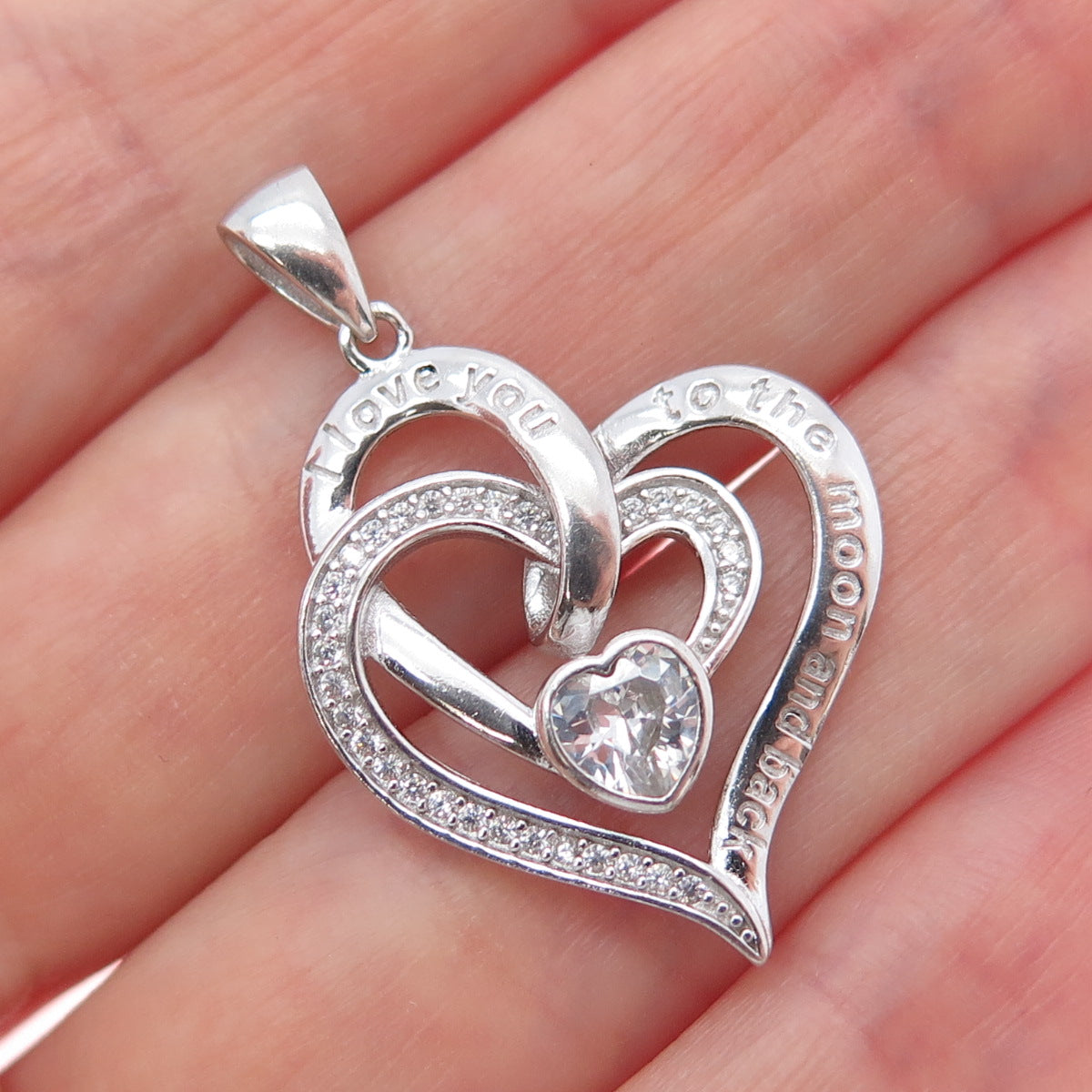 925 Sterling Silver C Z I Love You To The Moon & Back Double Heart Charm Pendant