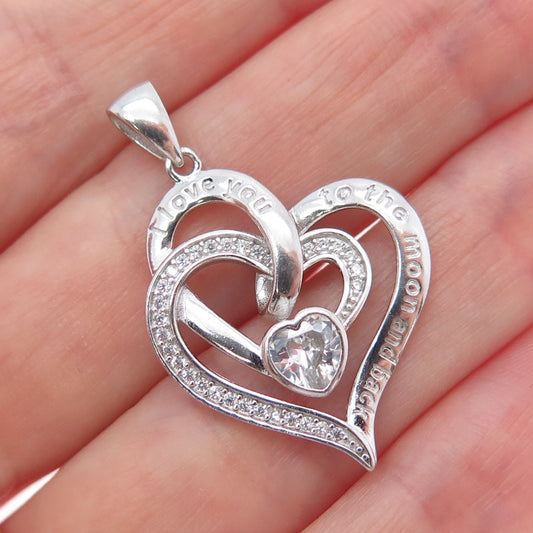 925 Sterling Silver C Z I Love You To The Moon & Back Double Heart Charm Pendant