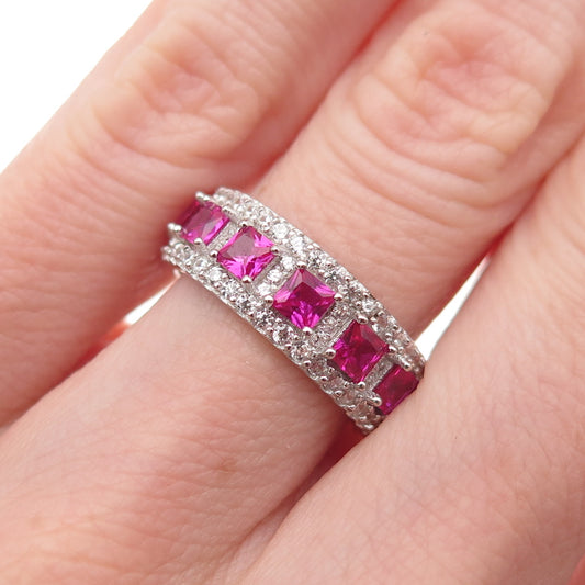 925 Sterling Silver Lab-Created Ruby & C Z Eternity Band Ring Size 5.5