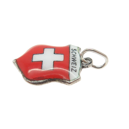 800 Silver Vintage Enamel Switzerland Flag Minimalist Charm Pendant