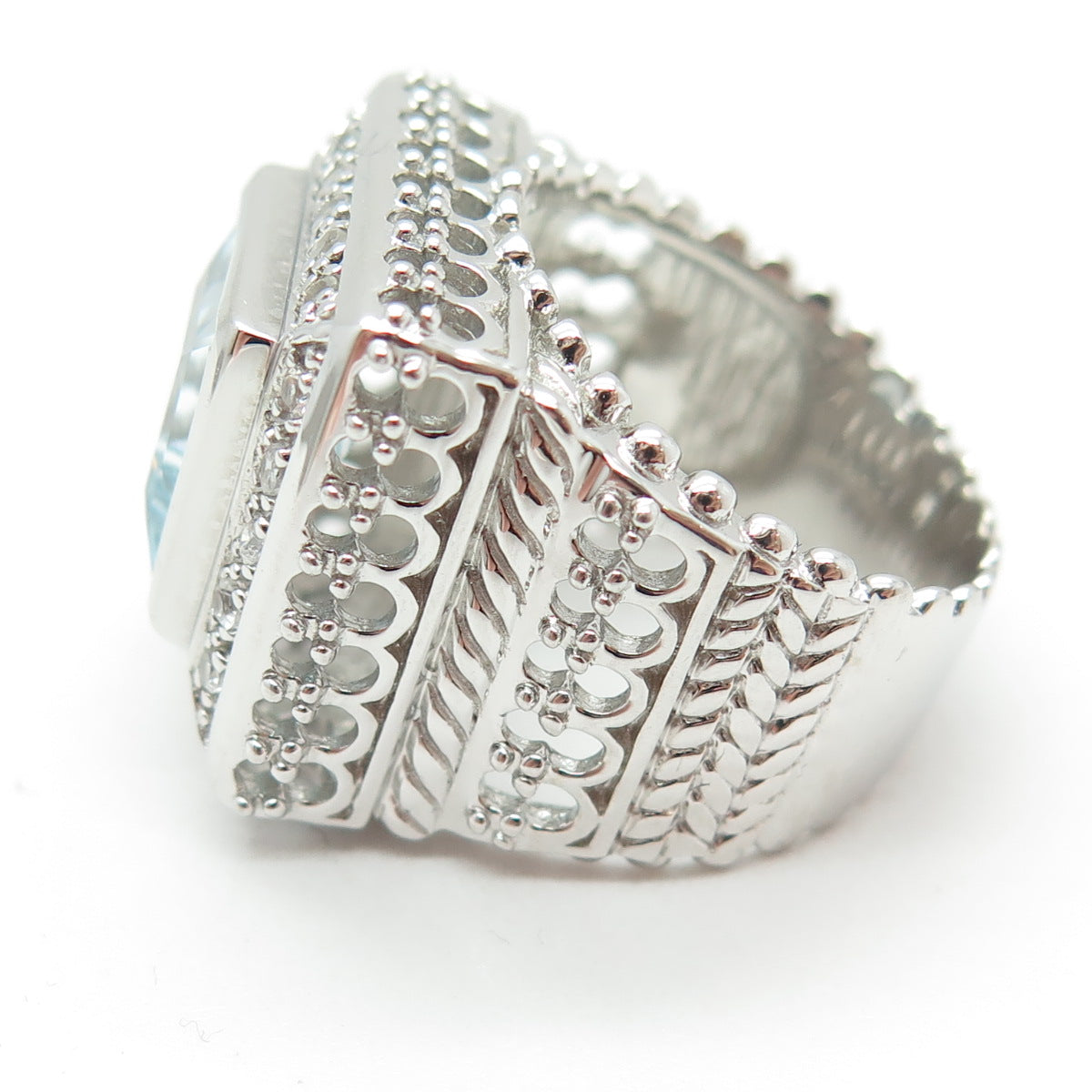 925 Sterling Silver Real Princess-Cut Blue & Round-Cut White Topaz Ring Size 7