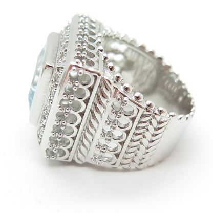 925 Sterling Silver Real Princess-Cut Blue & Round-Cut White Topaz Ring Size 7