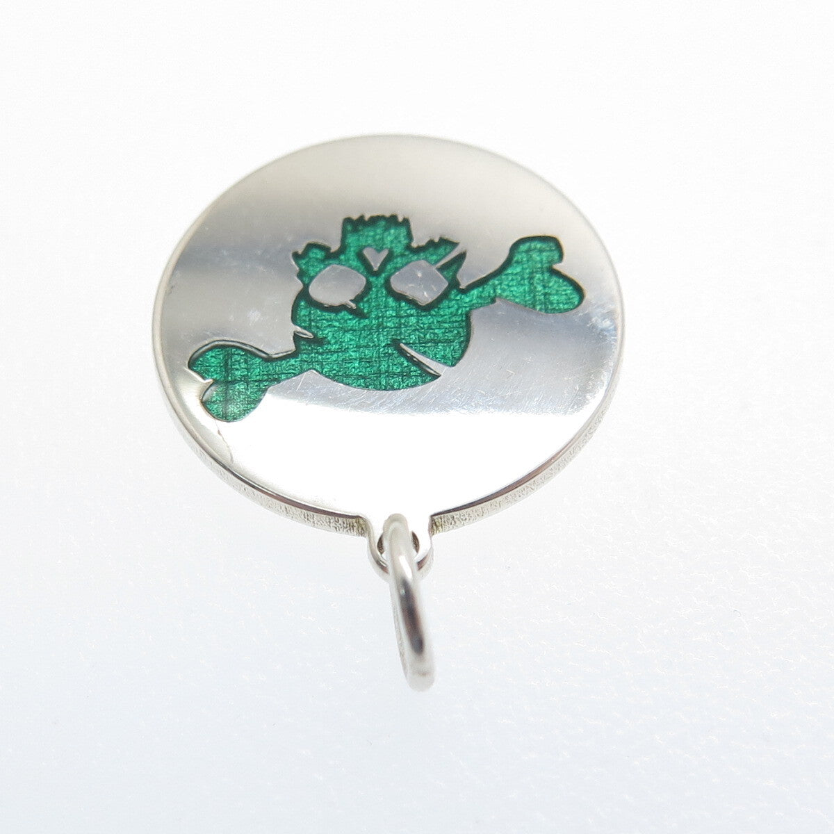 925 Sterling Silver Green Enamel Skull & Bone Round Tag Minimalist Charm Pendant